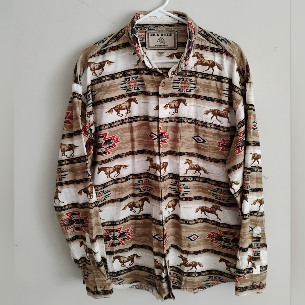 VINTAGE Bit & Bridle Western Horse Print Shirt - Brown and White